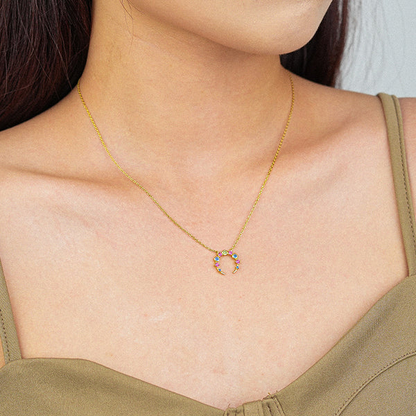 FX1015 925 Sterling Silver Rainbow CZ Crescent Horns Pendant Necklaces