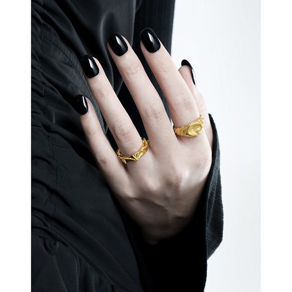 RHJ1200 925 Sterling Silver Retro Concave Fingerprint Design Open Ring