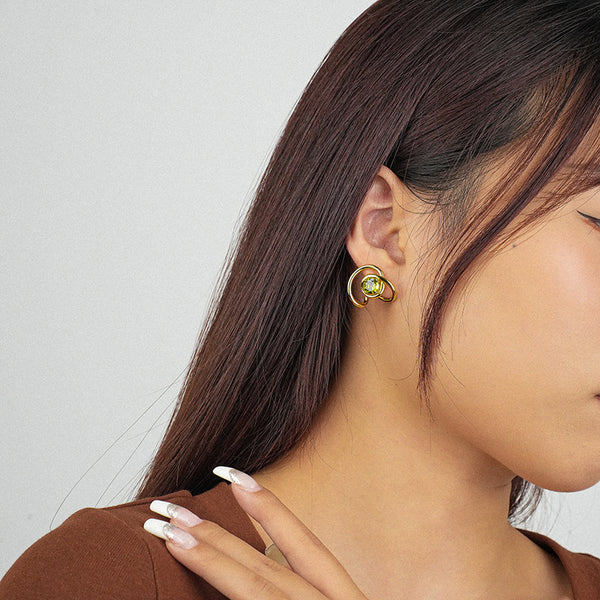 FE2615 925 Sterling Silver Irregular Lines Winding Green Zircon Stud Earring