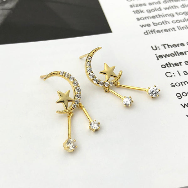 FE2598 925 Sterling Silver Moon Star Zircon Dangle Stud Earring
