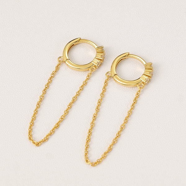 FE2219 925 Sterling Silver Trio CZ Hoop Chain Earrings