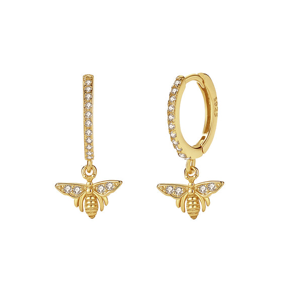 FE2359 925 Sterling Silver Cubic Zirconia Bee Dangle Hoop Earrings