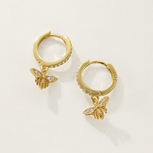 FE2359 925 Sterling Silver Cubic Zirconia Bee Dangle Hoop Earrings