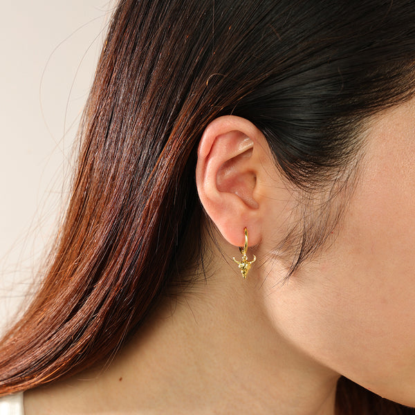 FE2344 925 Sterling Silver Animal Skull Bull Dangle Hoop Earrings