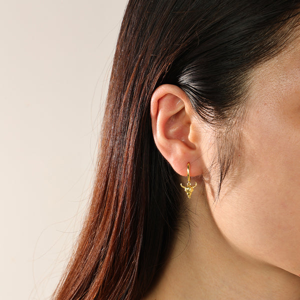 FE2344 925 Sterling Silver Animal Skull Bull Dangle Hoop Earrings