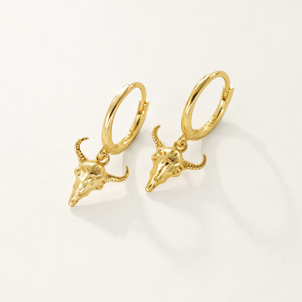 FE2344 925 Sterling Silver Animal Skull Bull Dangle Hoop Earrings