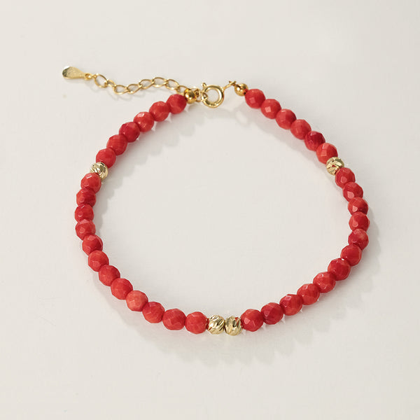 PB0050 925 Sterling Silver Cut Red Coral Gold Beaded Bracelet