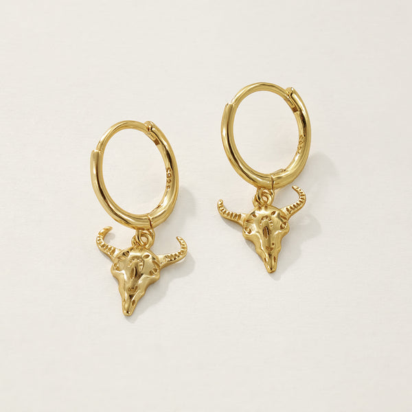 FE2344 925 Sterling Silver Animal Skull Bull Dangle Hoop Earrings
