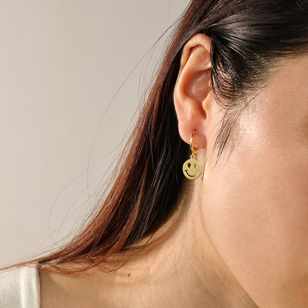 FE2330 925 Sterling Silver Smiley Coin Dangle Hoop Earrings