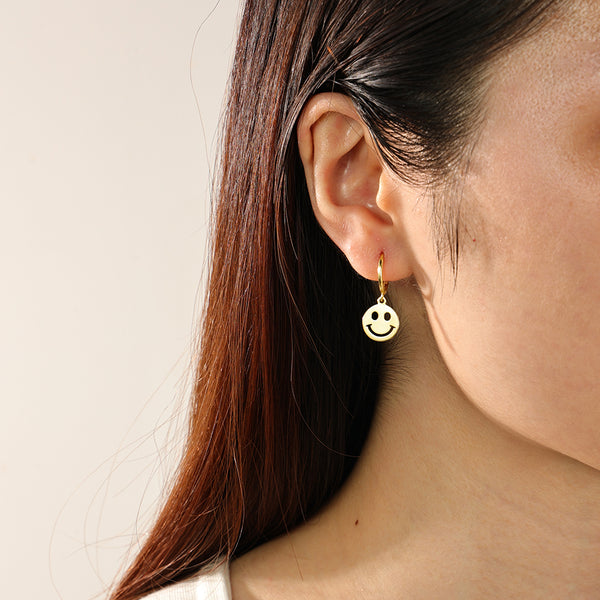 FE2330 925 Sterling Silver Smiley Coin Dangle Hoop Earrings