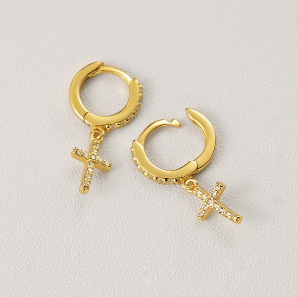 FE2115 925 Sterling Silver Pave Cubic Zirconia Cross Drop Hoop Earrings