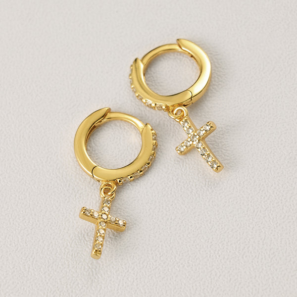 FE2115 925 Sterling Silver Pave Cubic Zirconia Cross Drop Hoop Earrings