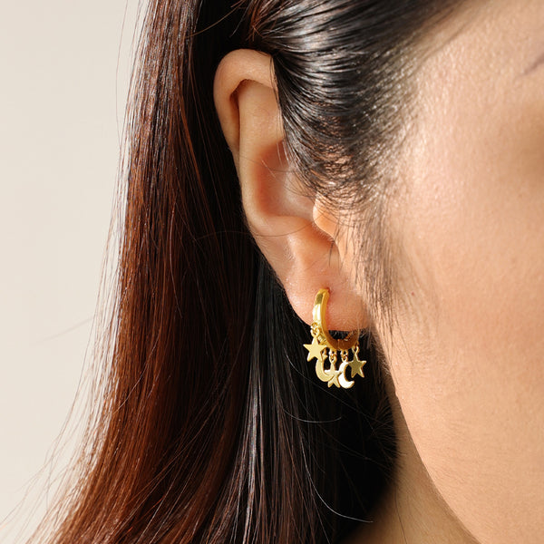 FE2301 925 Sterling Silver Crescent Star Dangle Hoop Earrings