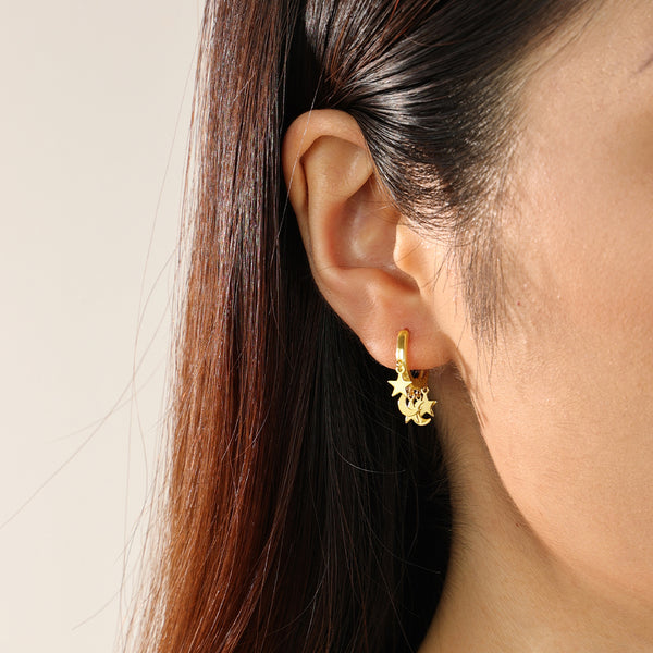 FE2301 925 Sterling Silver Crescent Star Dangle Hoop Earrings