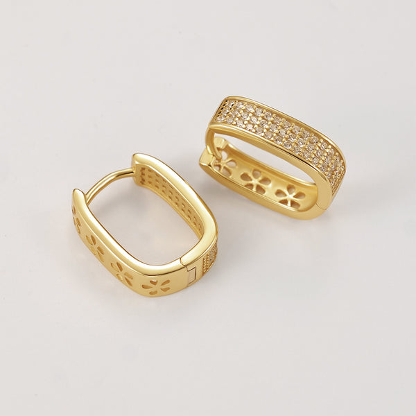 FE2182 925 Sterling Silver Hollow Flower U-shaped Full CZ Hoop Earrings