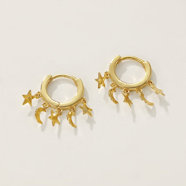 FE2301 925 Sterling Silver Crescent Star Dangle Hoop Earrings