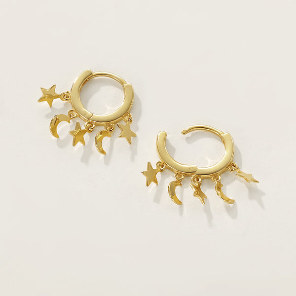 FE2301 925 Sterling Silver Crescent Star Dangle Hoop Earrings