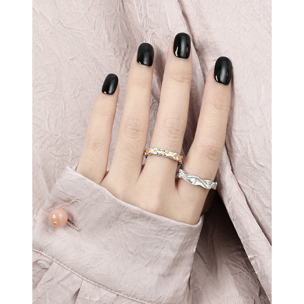 RHJ1173 925 Sterling Silver Irregular Twisted Bead Engraving Open Ring