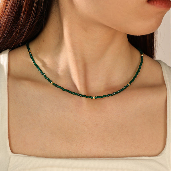 PN0086 925 Sterling Silver Vintage Green Crystal Bead Necklace