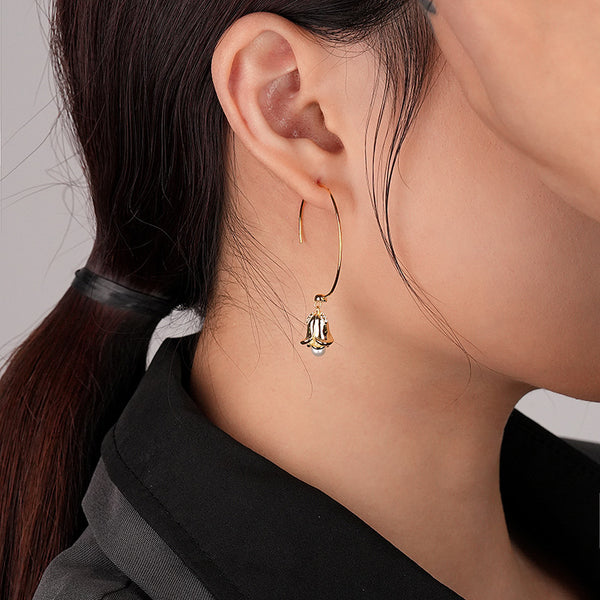 FE2600 925 Sterling Silver Retro Flowers Pearl Dangle Hoop Earring