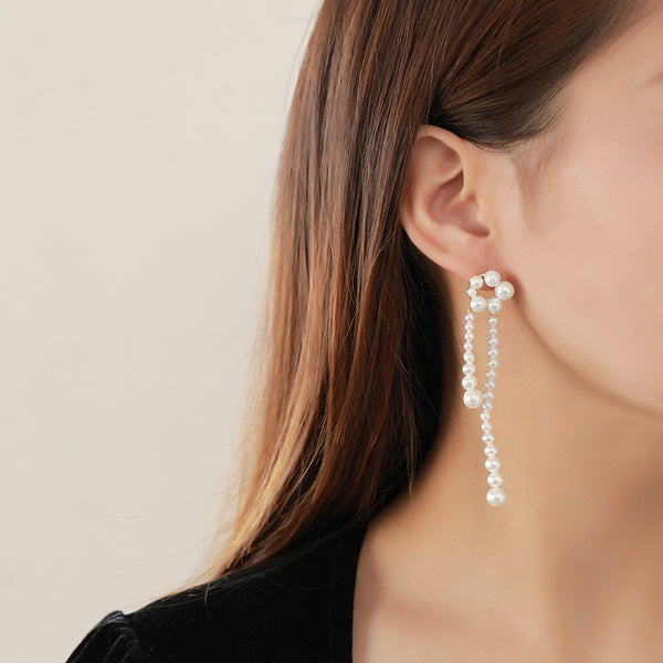 FE2593 925 Sterling Silver Tassel Pearl Dangle Stud Earring