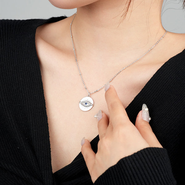FX1086 925 Sterling Silver Zirconia Evil Eye Coin Pendant Necklace