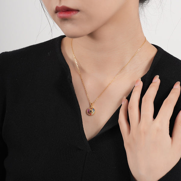 FX0998 925 Sterling Silver Rainbow Cubic Zirconia Coin Pendant Necklaces