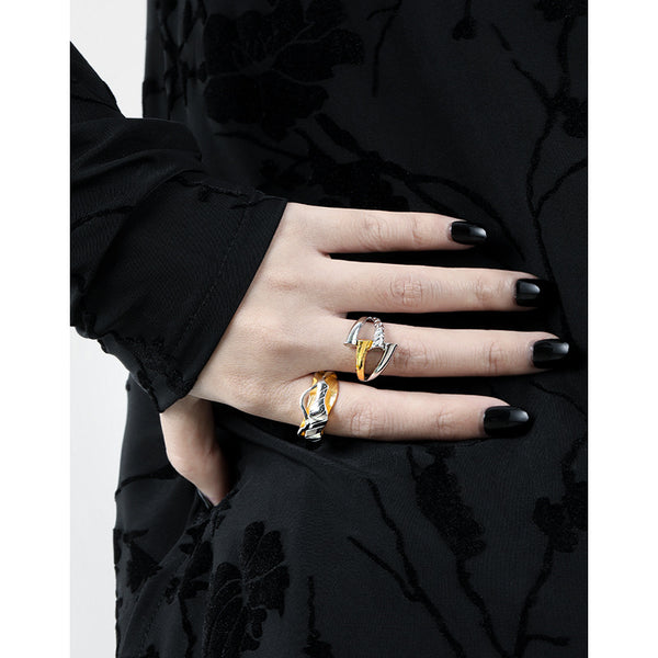 RHJ1196 925 Sterling Silver Two-tone Irregular Wave Design Open Ring