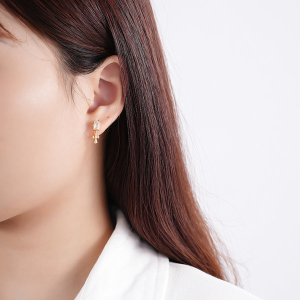 FE2650 925 Sterliang Silver Asymmetric Zircon Cross Dangle Stud Earring