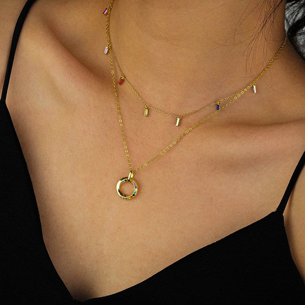 FX1003 925 Sterling Silver Circle Colorful Zircon Pendant Necklaces