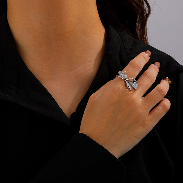 FJ0970 925 Sterling Silver Pave Bow-knot Ring