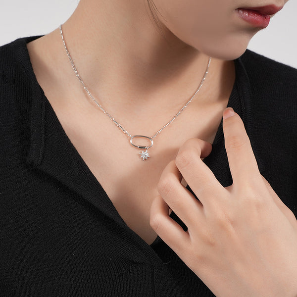 FX1072 925 Sterling Silver Zircon Starburst Oval Pendant Necklace