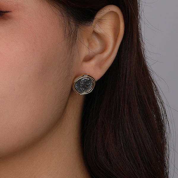 FE2271 925 Sterling Silver Portrait Ancient Coin Stud Earrings