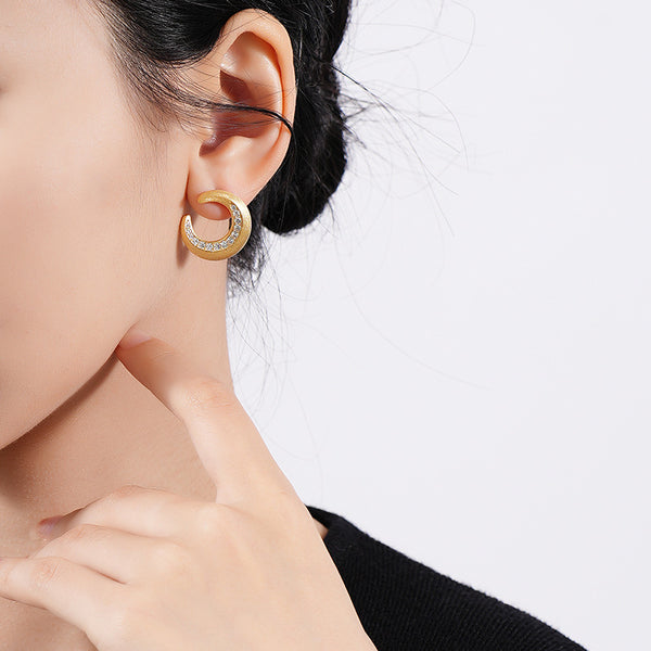 FE2676 925 Sterling Silver Brushed Frosted Moon Zircon Stud Earrings