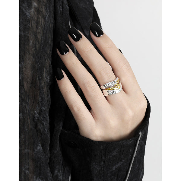 RHJ1179 925 Sterling Silver Two-Tone Geometric Irregular Open Ring