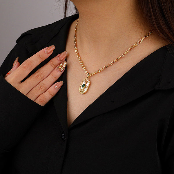 FX1154 925 Sterling Silver Layer Emerald Mother of Pearl Pendant Necklace