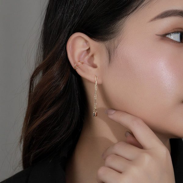 FE2594 925 Sterling Silver Tassel Chain Lock Dangle Stud Earring