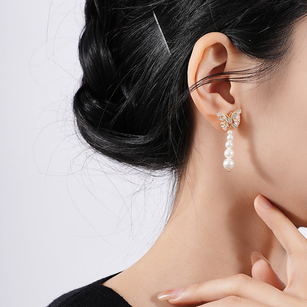 FE2660 925 Sterling Silver Zircon Butterfly Shell Pearl Stud Earrings