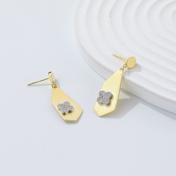 FE2607 925 Sterling Silver Irregular Four Leaf Clover Zircon Dangle Stud Earring