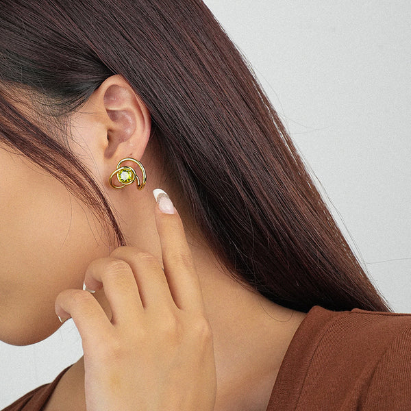 FE2615 925 Sterling Silver Irregular Lines Winding Green Zircon Stud Earring