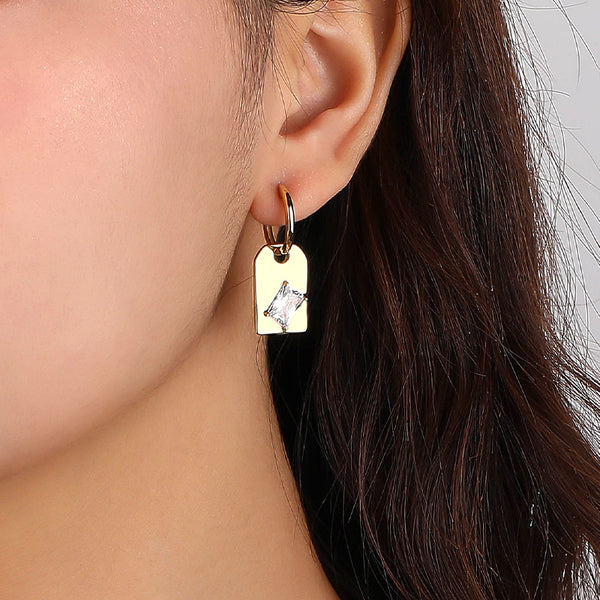 FE2543 925 Sterling Silver Dainty Square CZ Stone Dangle Hoop Earring