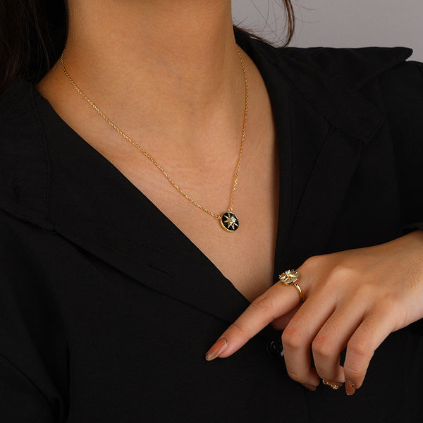 FX1153 925 Sterling Silver Rotating Compass Octagram Mother of Pearl Black Onyx Necklace