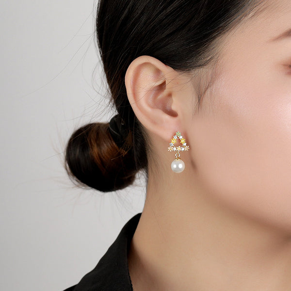 FE2592 925 Sterling Silver Triangle Pearl Dangle Stud Earring