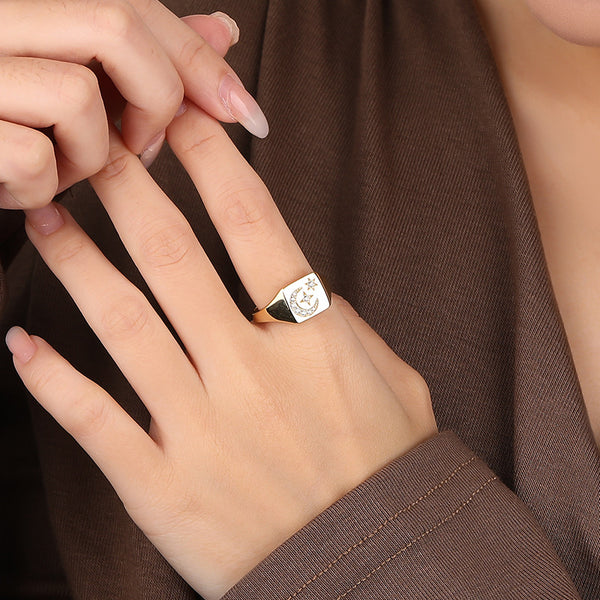 FJ0891 925 Sterling Silver Moon Star Signet Ring