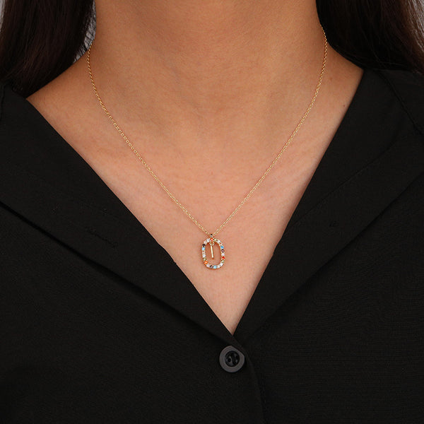 FX0991 925 Sterling Silver Spanish Alphabet Rainbow Zirconia Oval Pendant Necklaces