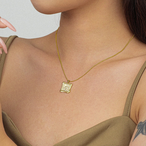 FX1108 925 Sterling Silver CZ Zodiac Symbol Square Pendant Necklace