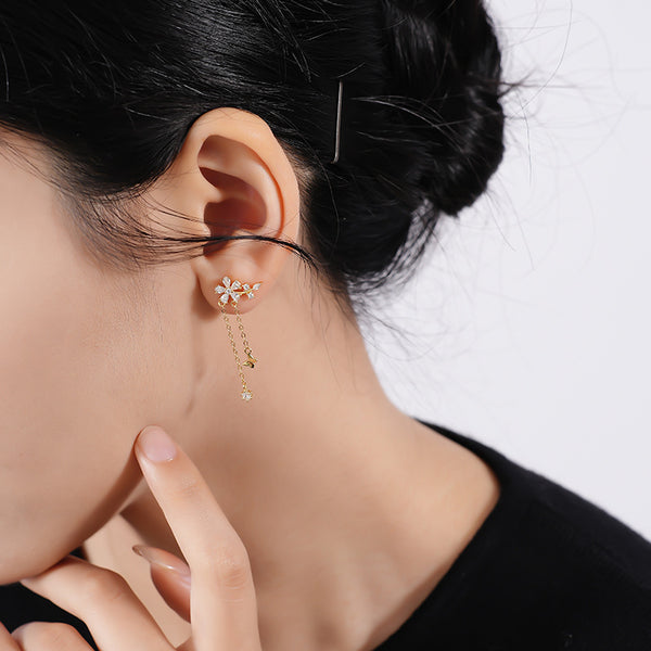 FE2683 925 Sterling Silver Long Tassel Butterfly Flower Zircon Stud Earrings