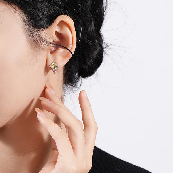 FE2489 925 Sterling Silver Four Pointed Star Contrasting Color Hoop Earrings