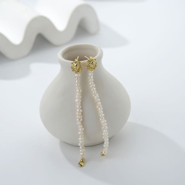 FE2652 925 Sterliang Silver Vintage Lion Long Rice Pearl Dangle Stud Earring