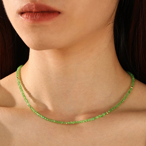 PN0082 925 Sterling Silver Green Crystal Gold Bead Neckalce